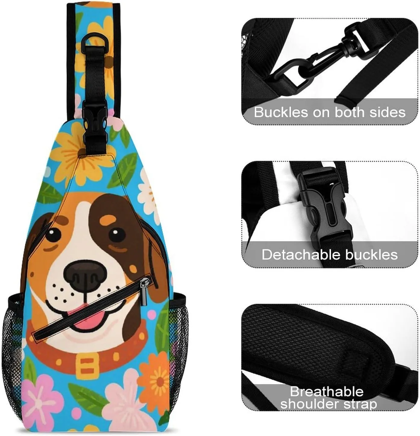 Ultra Lightweight Sling Backpack Crossbody Chest Rucksack Anti-Theft Multipurpose Bag for Hiking Cycling Walking Dog Bicycle Travel, Hawaiian Flowers Floral Dog Art