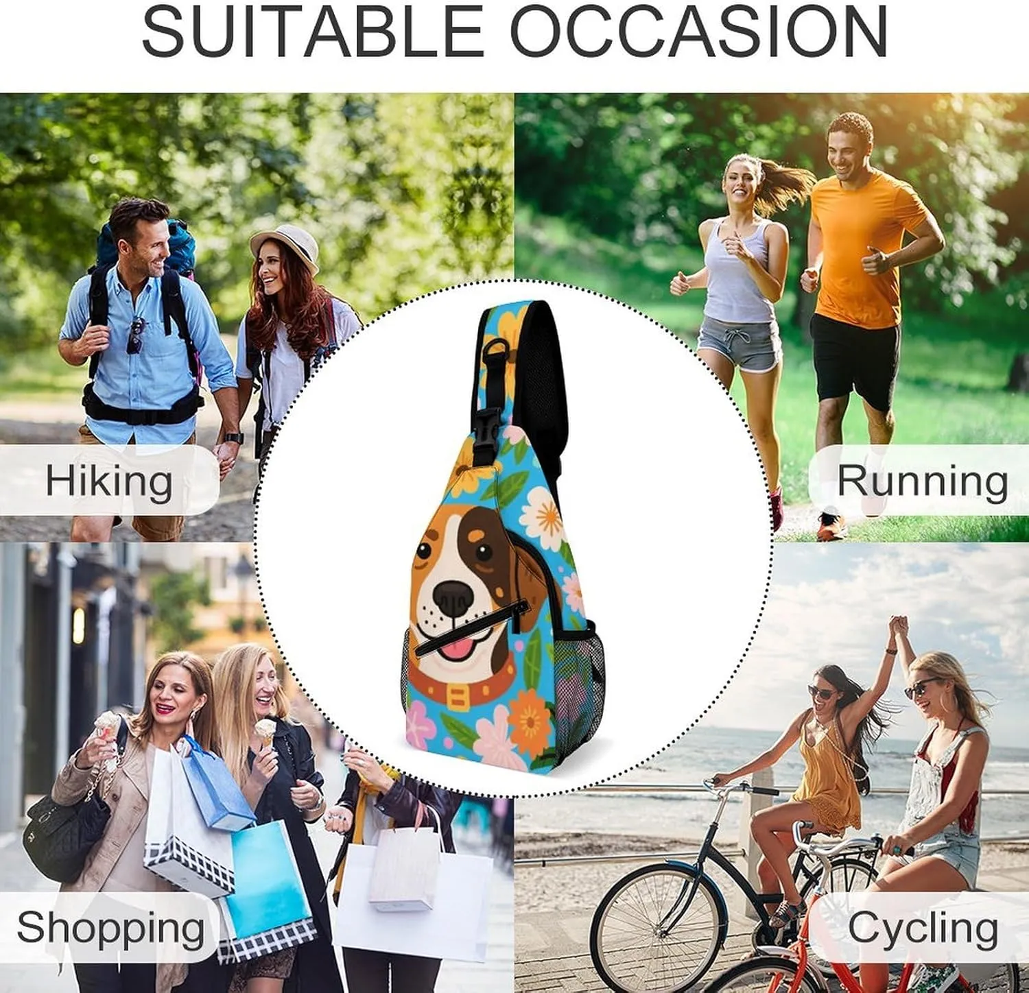 Ultra Lightweight Sling Backpack Crossbody Chest Rucksack Anti-Theft Multipurpose Bag for Hiking Cycling Walking Dog Bicycle Travel, Hawaiian Flowers Floral Dog Art