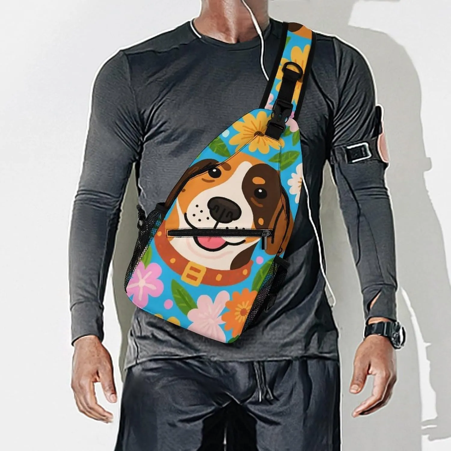 Ultra Lightweight Sling Backpack Crossbody Chest Rucksack Anti-Theft Multipurpose Bag for Hiking Cycling Walking Dog Bicycle Travel, Hawaiian Flowers Floral Dog Art