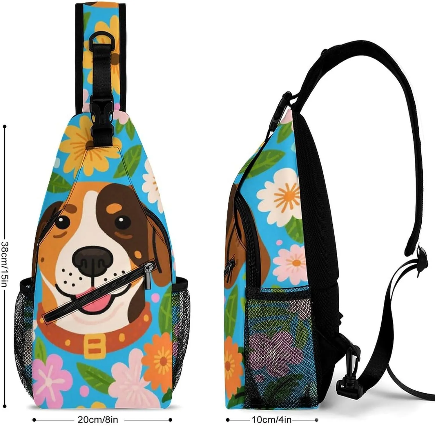 Ultra Lightweight Sling Backpack Crossbody Chest Rucksack Anti-Theft Multipurpose Bag for Hiking Cycling Walking Dog Bicycle Travel, Hawaiian Flowers Floral Dog Art