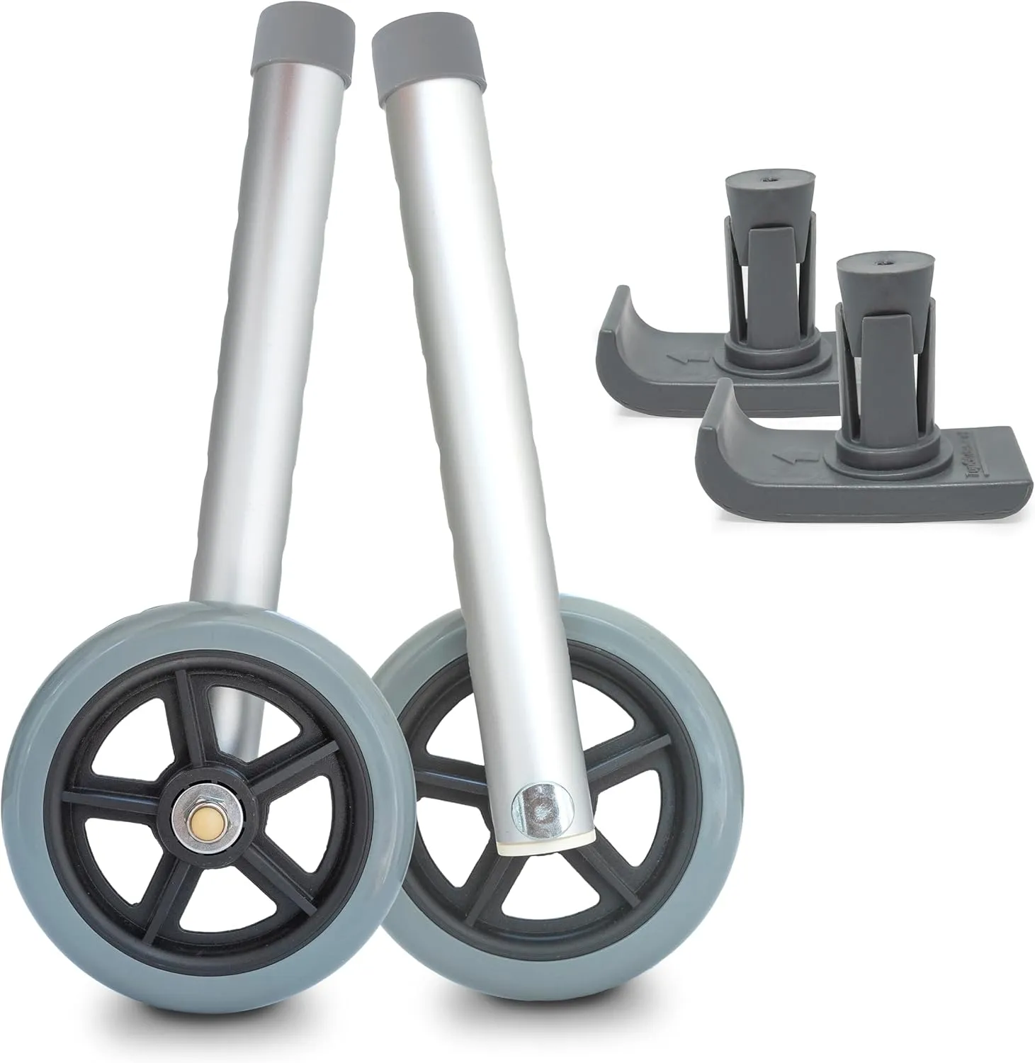Universal Walker Wheel Kit: 5 Inch Sport Wheels and FlexFit Ski Glides (Gray)