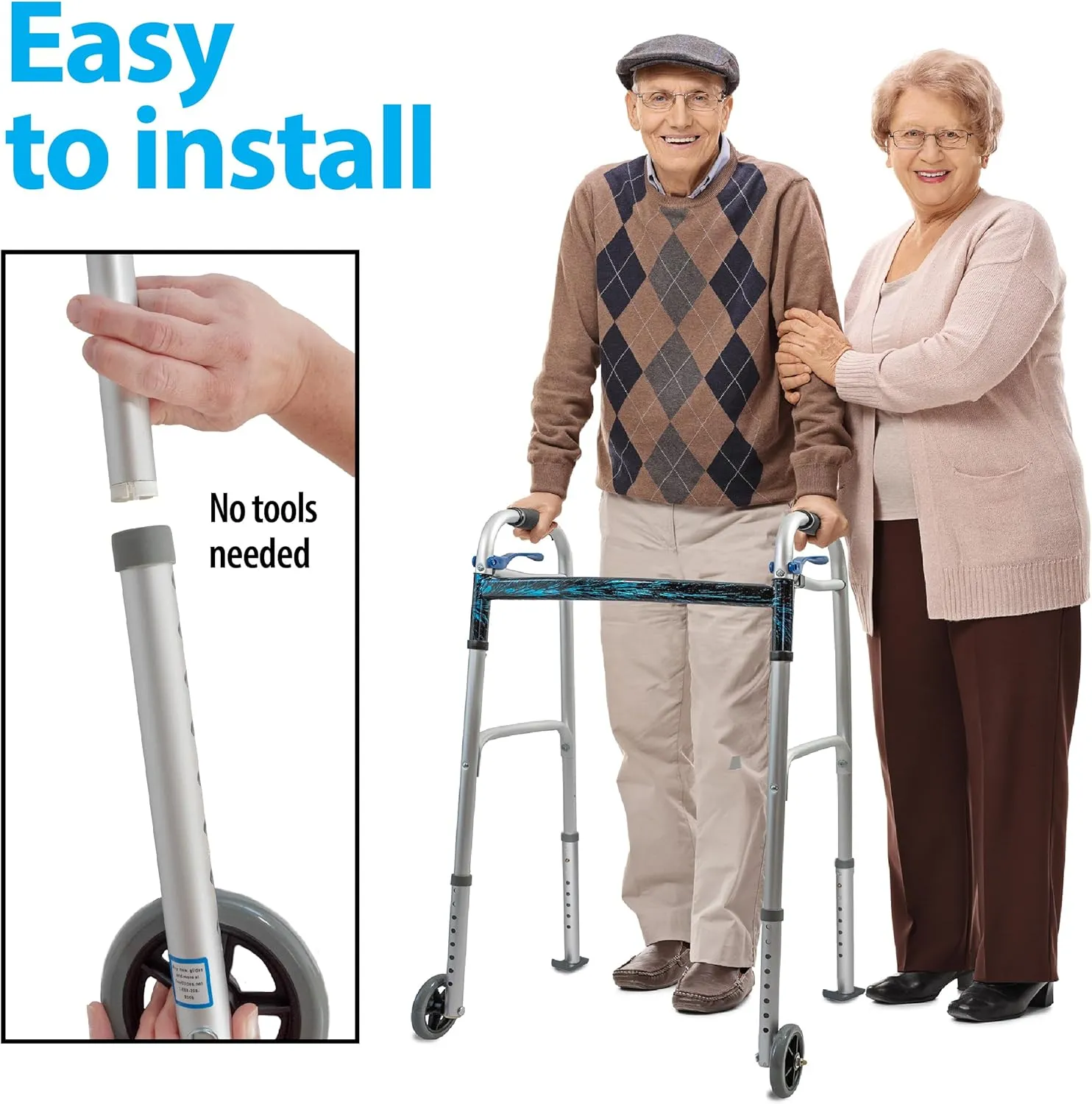 Universal Walker Wheel Kit: 5 Inch Sport Wheels and FlexFit Ski Glides (Gray)