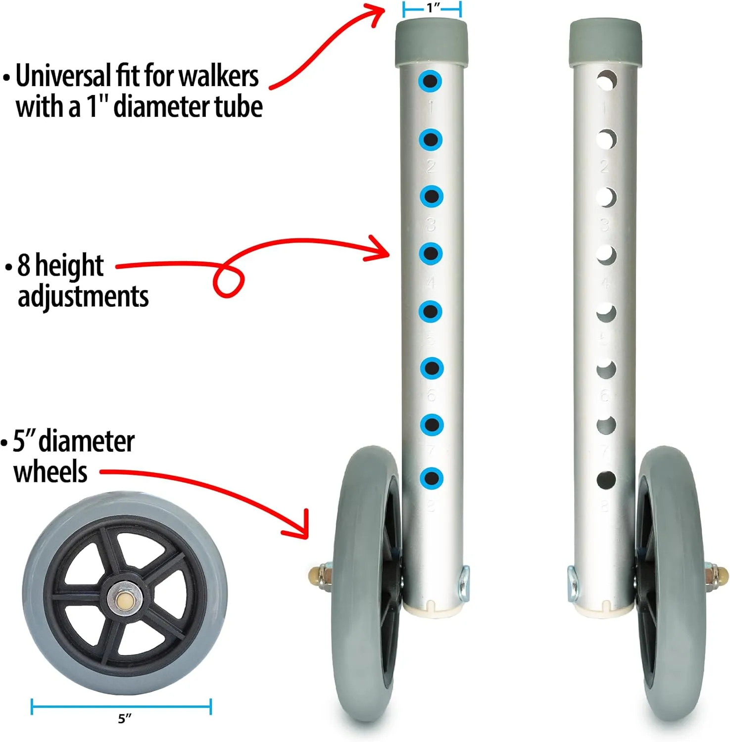 Universal Walker Wheel Kit: 5 Inch Sport Wheels and FlexFit Ski Glides (Gray)