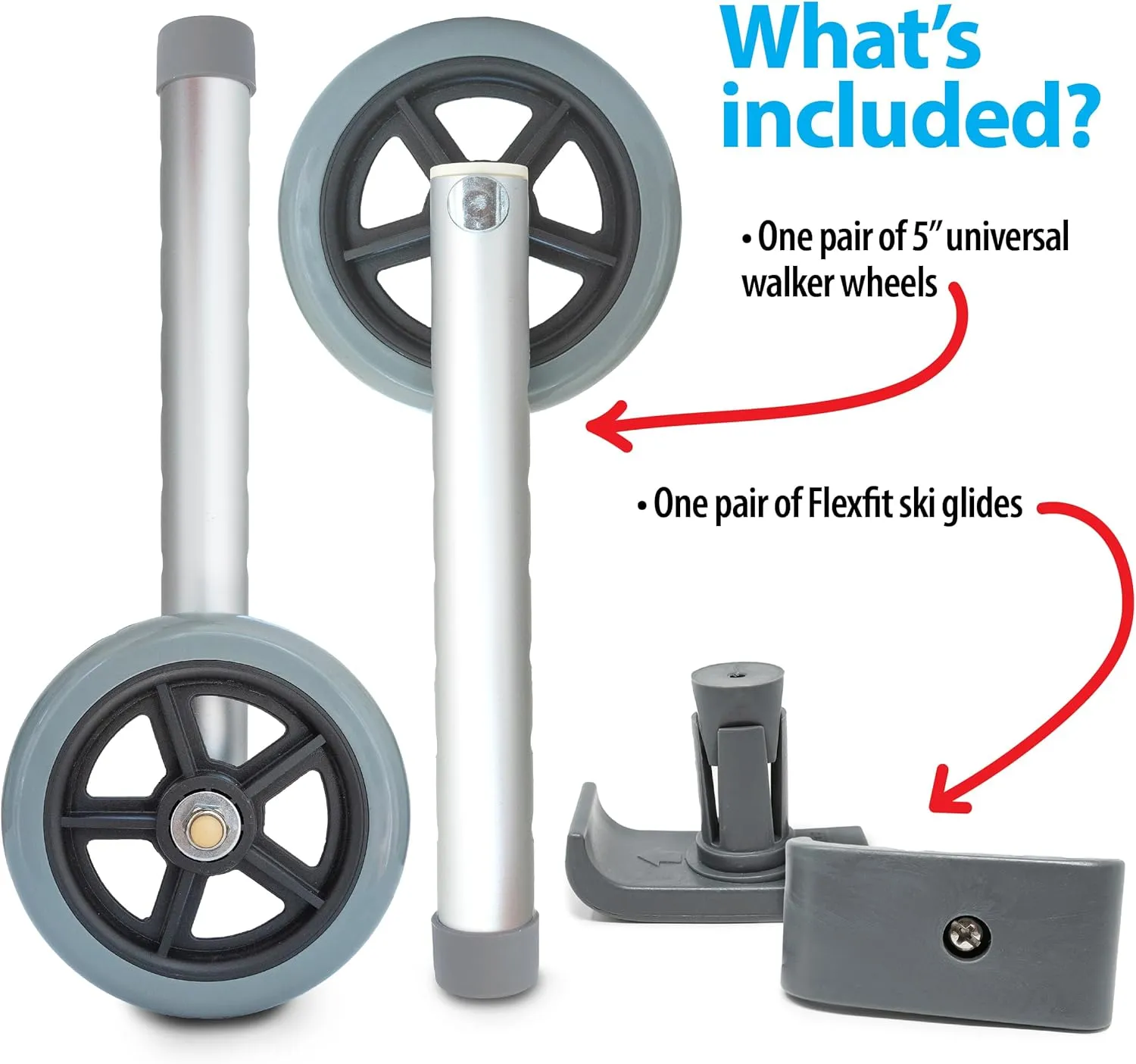 Universal Walker Wheel Kit: 5 Inch Sport Wheels and FlexFit Ski Glides (Gray)