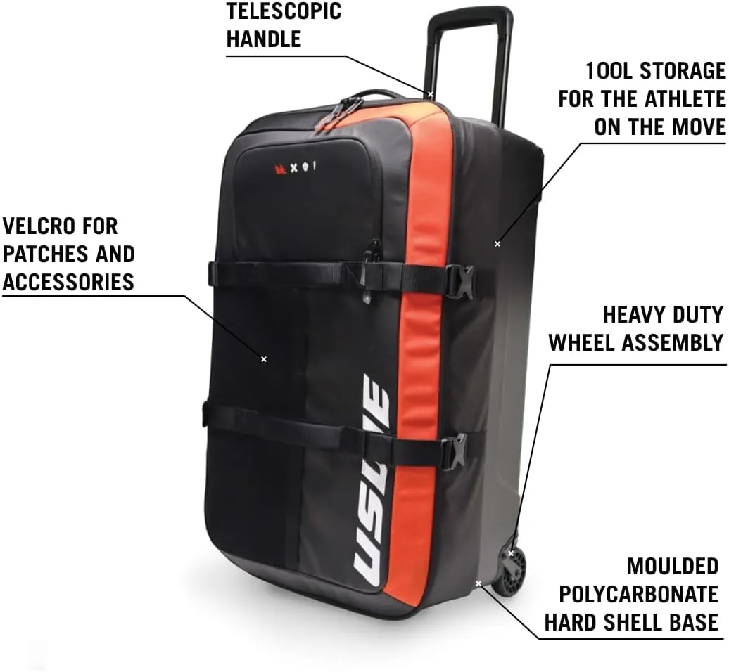 USWE Buddy Athlete Gear Pack, Duffle Bags to Store Sports Gear, Essentials, Ideal For Travelling, Gym, Training and More (100L Trolley Bag Black/Red)