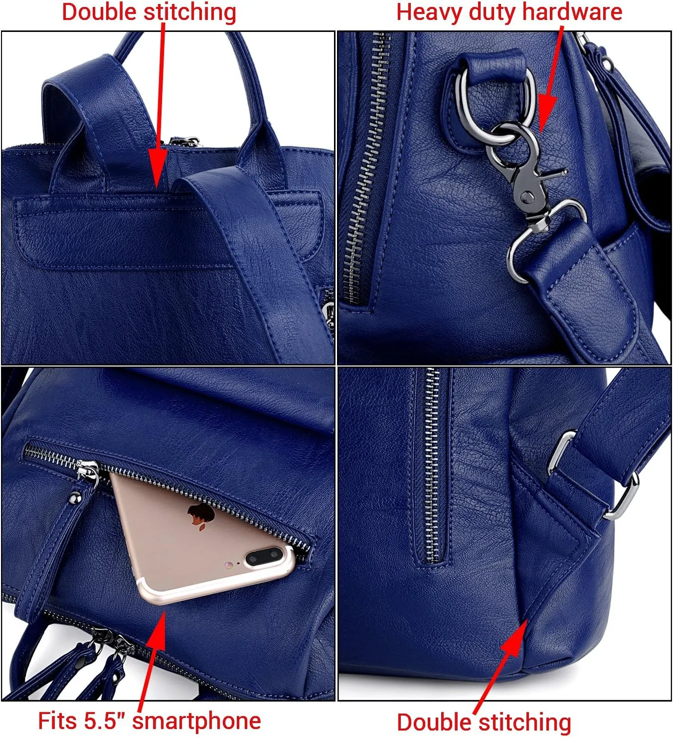 UTO Women Backpack Purse 3 ways PU Washed Leather Ladies Rucksack Shoulder Bag New Blue