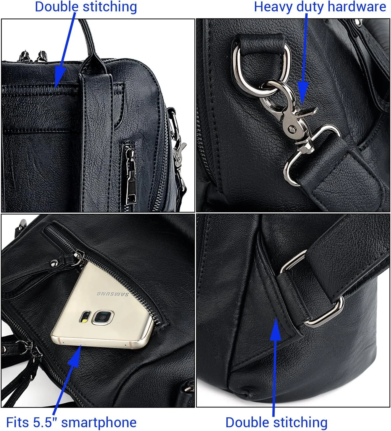 UTO Women Backpack Purse 3 ways PU Washed Leather Ladies Rucksack Shoulder Bag New Blue
