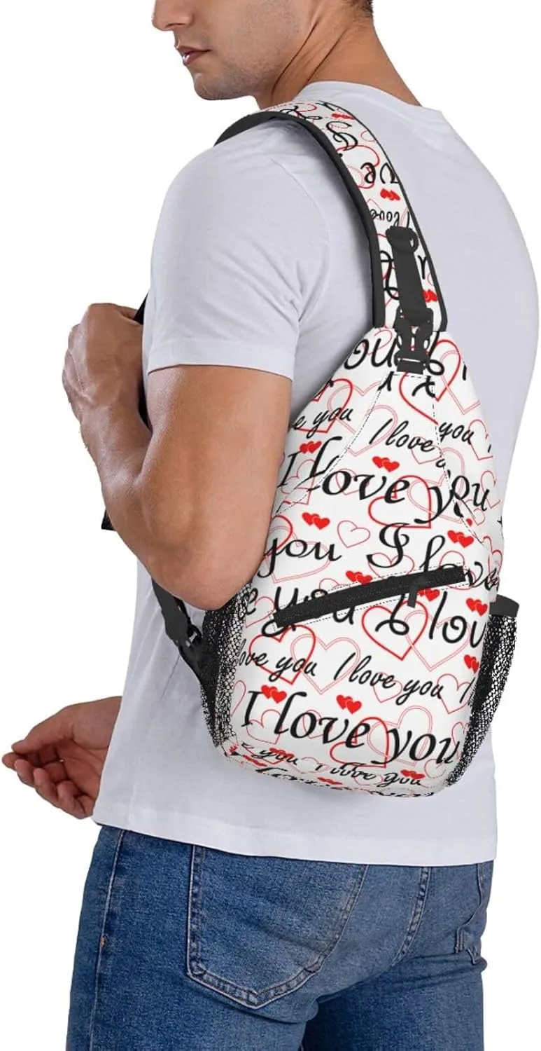 Valentine I Love You Red Heart Cross Chest Bag Diagonally Hiking Crossbody Bag Travel Shoulder Daypack Lightweight Sling Backpack Cycling Daypacks Fitness Chest Backpacks