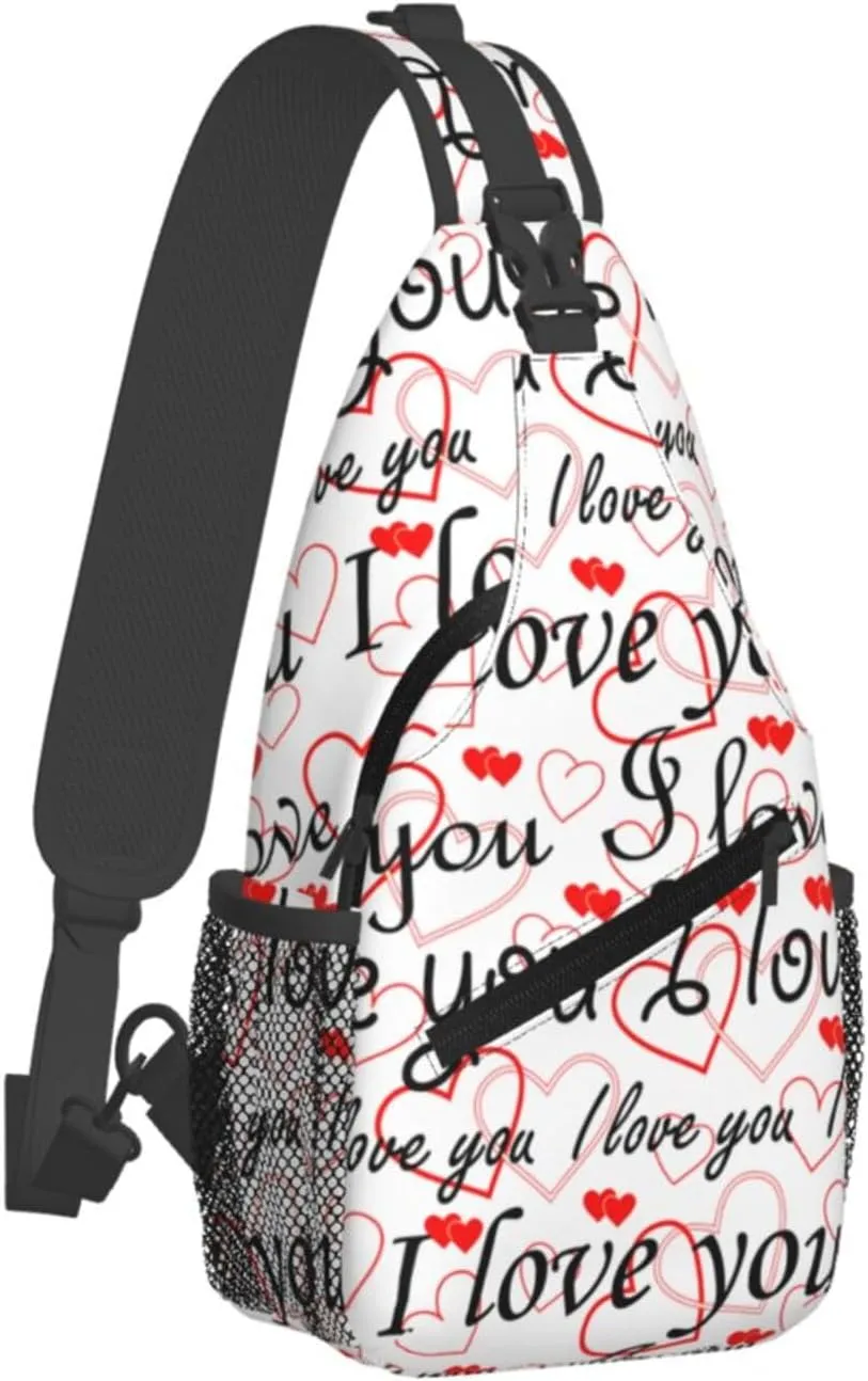 Valentine I Love You Red Heart Cross Chest Bag Diagonally Hiking Crossbody Bag Travel Shoulder Daypack Lightweight Sling Backpack Cycling Daypacks Fitness Chest Backpacks