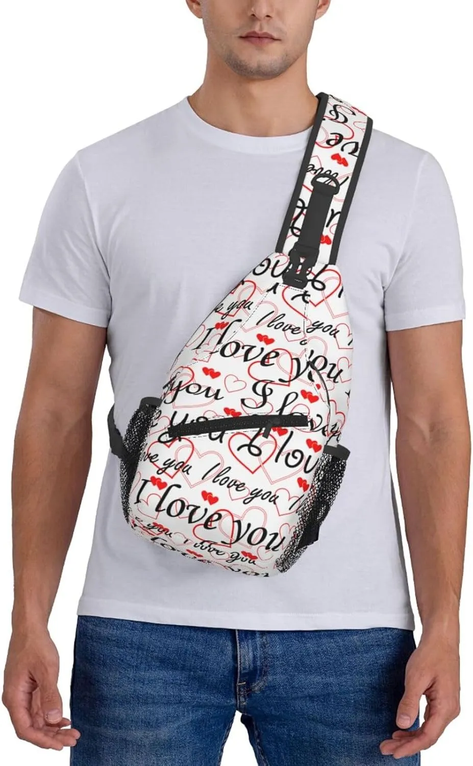 Valentine I Love You Red Heart Cross Chest Bag Diagonally Hiking Crossbody Bag Travel Shoulder Daypack Lightweight Sling Backpack Cycling Daypacks Fitness Chest Backpacks