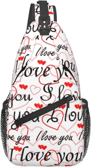 Valentine I Love You Red Heart Cross Chest Bag Diagonally Hiking Crossbody Bag Travel Shoulder Daypack Lightweight Sling Backpack Cycling Daypacks Fitness Chest Backpacks