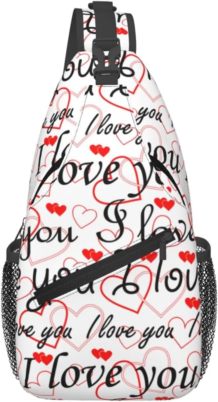 Valentine I Love You Red Heart Cross Chest Bag Diagonally Hiking Crossbody Bag Travel Shoulder Daypack Lightweight Sling Backpack Cycling Daypacks Fitness Chest Backpacks