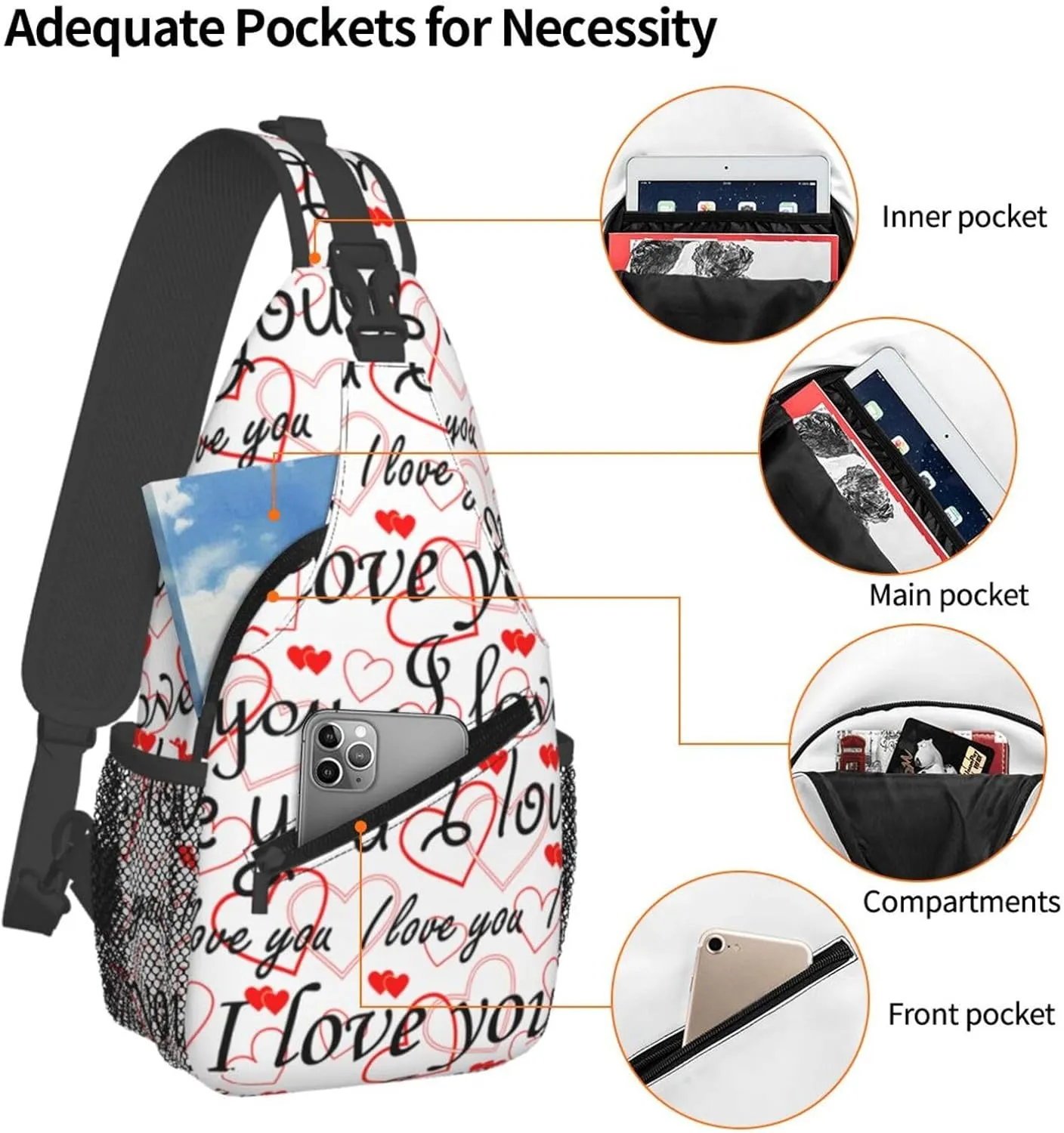 Valentine I Love You Red Heart Cross Chest Bag Diagonally Hiking Crossbody Bag Travel Shoulder Daypack Lightweight Sling Backpack Cycling Daypacks Fitness Chest Backpacks