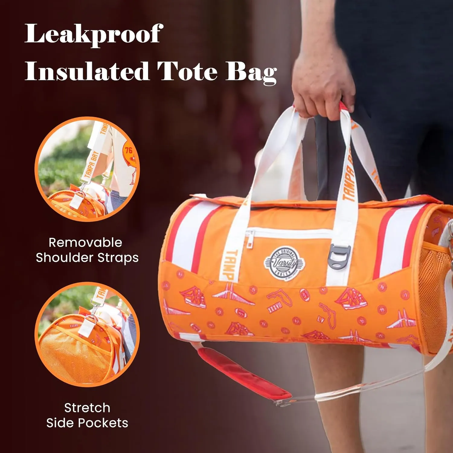 Varsity Cooler Tampa Bay Travel Party Duffel & Cooler – 30 Can Leakproof Insulated Tote Bag, Waterproof Soft Compartment for Tailgating, Golf, Beach, Carry-On Luggage & Outdoor Sports
