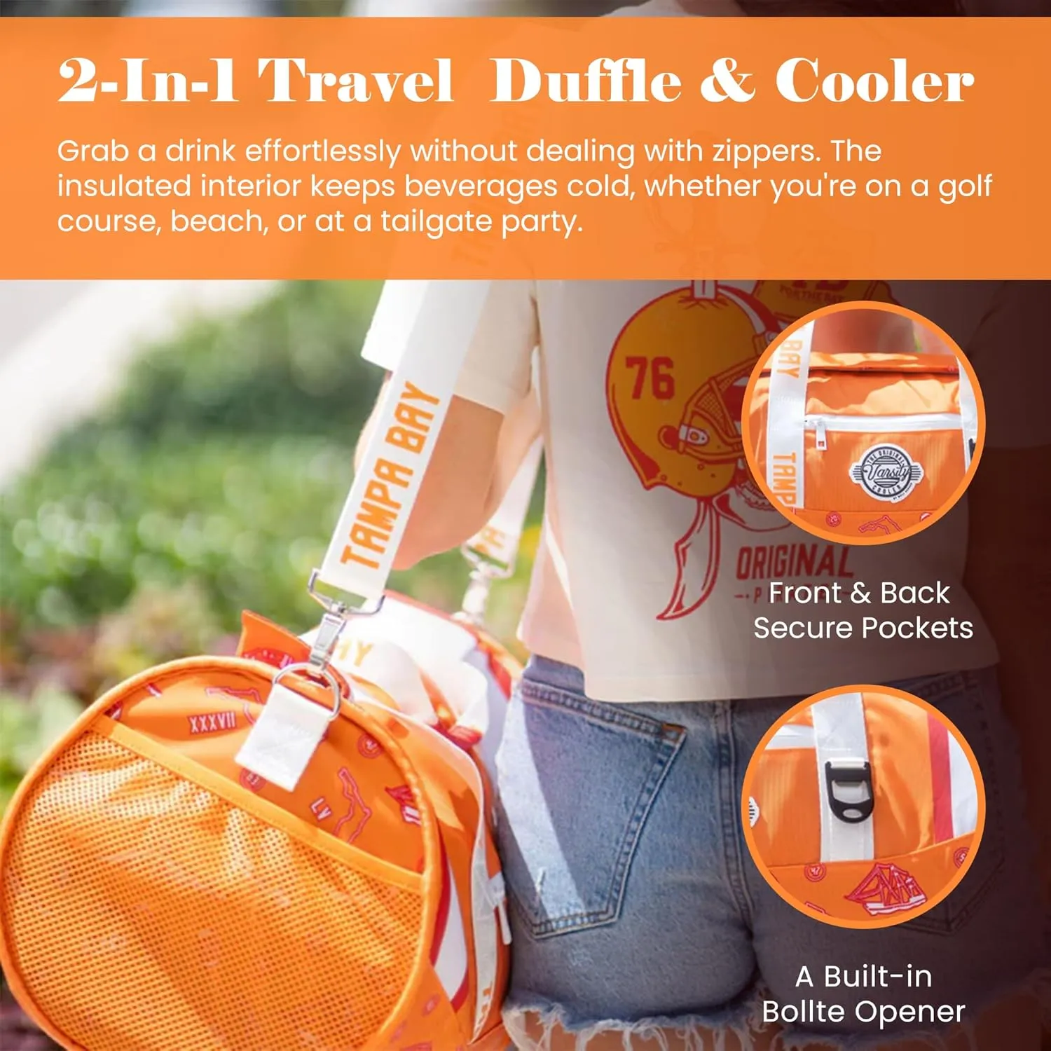 Varsity Cooler Tampa Bay Travel Party Duffel & Cooler – 30 Can Leakproof Insulated Tote Bag, Waterproof Soft Compartment for Tailgating, Golf, Beach, Carry-On Luggage & Outdoor Sports