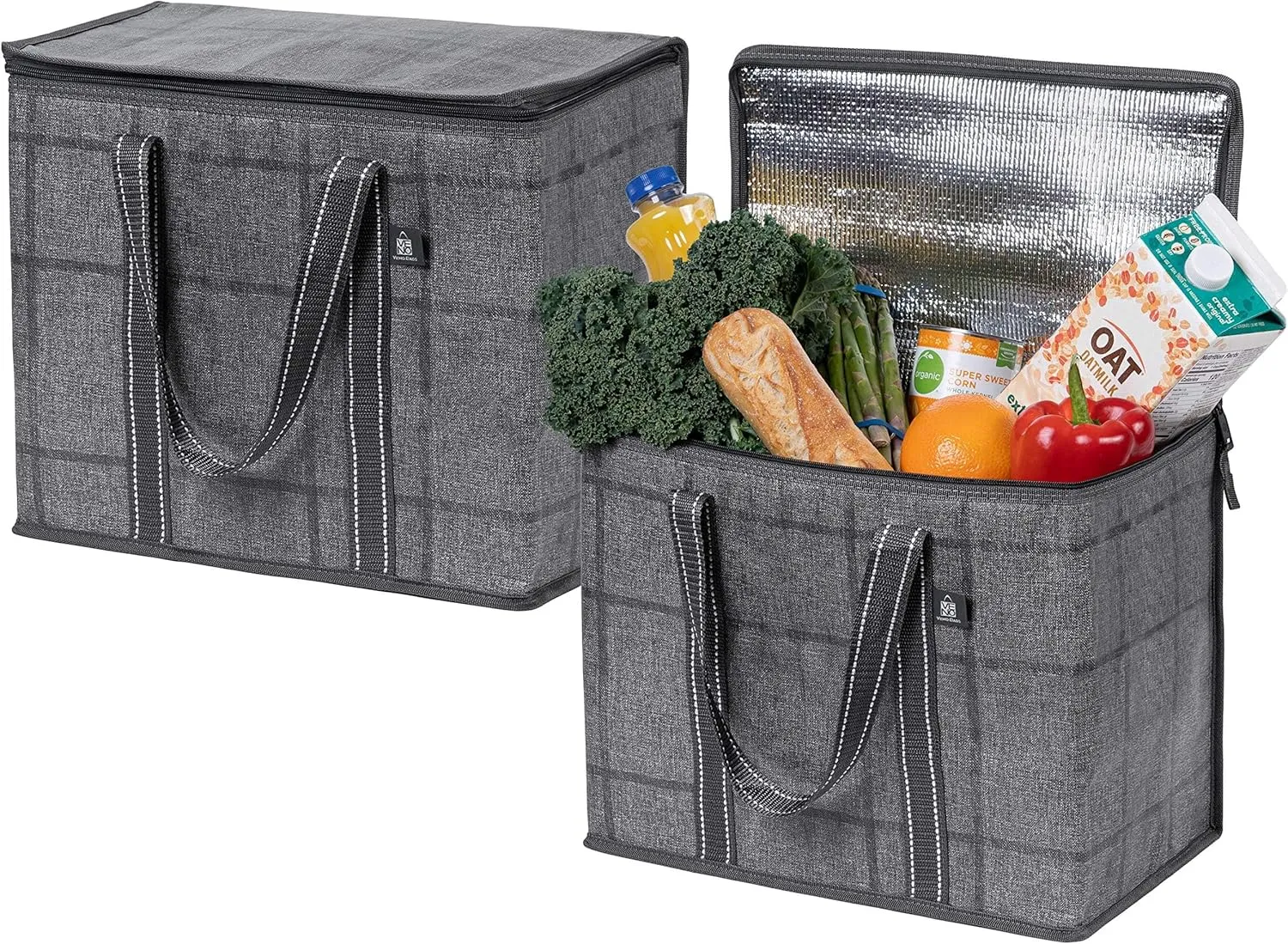 VENO 2 Pack Cooler Bag and Insulated Grocery Bags for Food Delivery, Collapsible Cooler. Reusable Shopping Bags for Groceries with Hard Bottom, Zippered Top, Foldable, Heavy-Duty (Windowpane, 2 Pack)