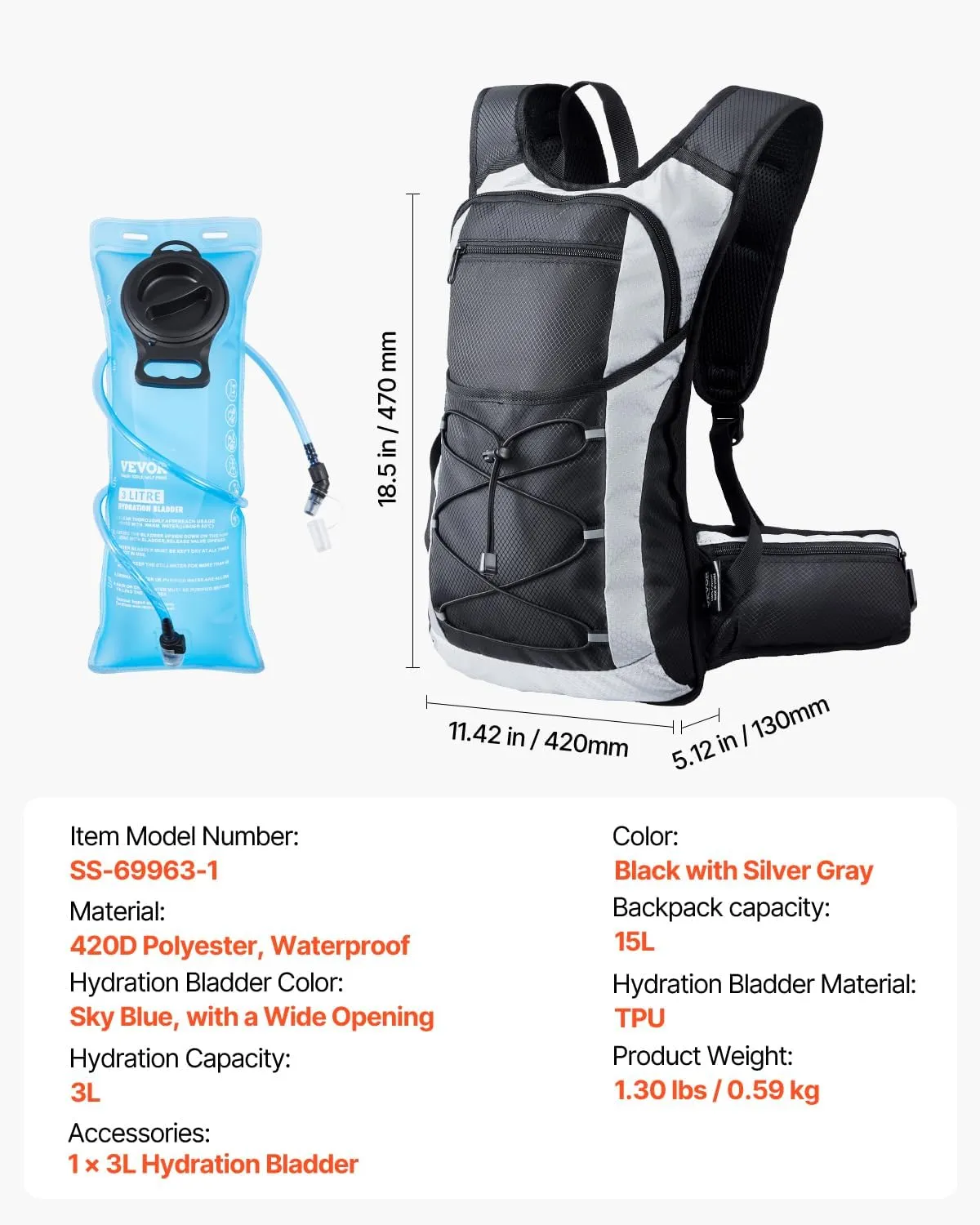 VEVOR Hydration Backpack, Water Backpack with TPU Water Bladder, Tactical Molle Hiking Hydration Pack with Storage for Men Women, Hydro Water Daypack for Hiking Running Cycling Camping