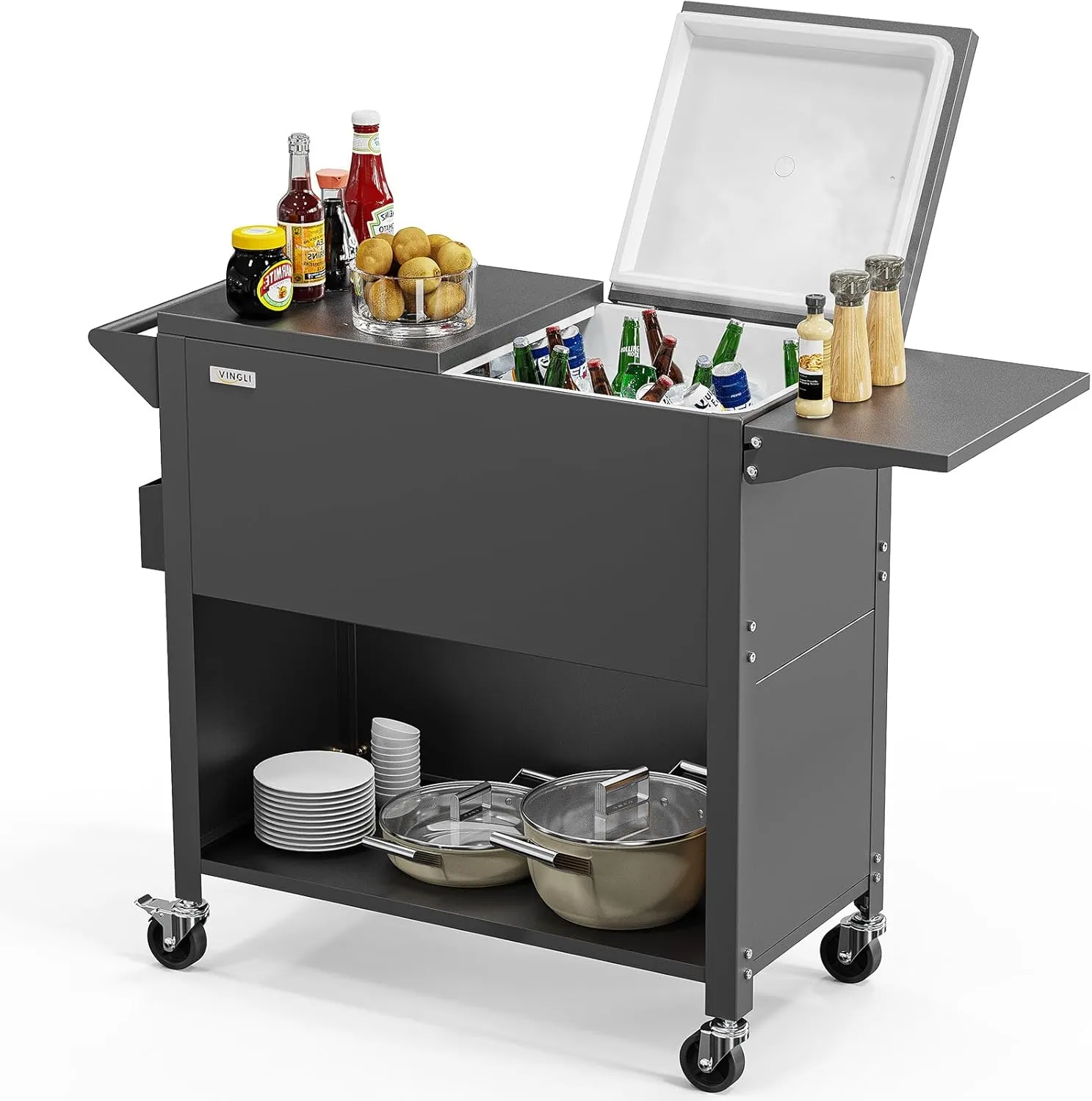 VINGLI 80qt Rolling Ice Chest on Wheels, Patio Cooler Bar Drink Cooler Cart, with Shelf, Beverage Pool with Bottle Opener,Water Pipe