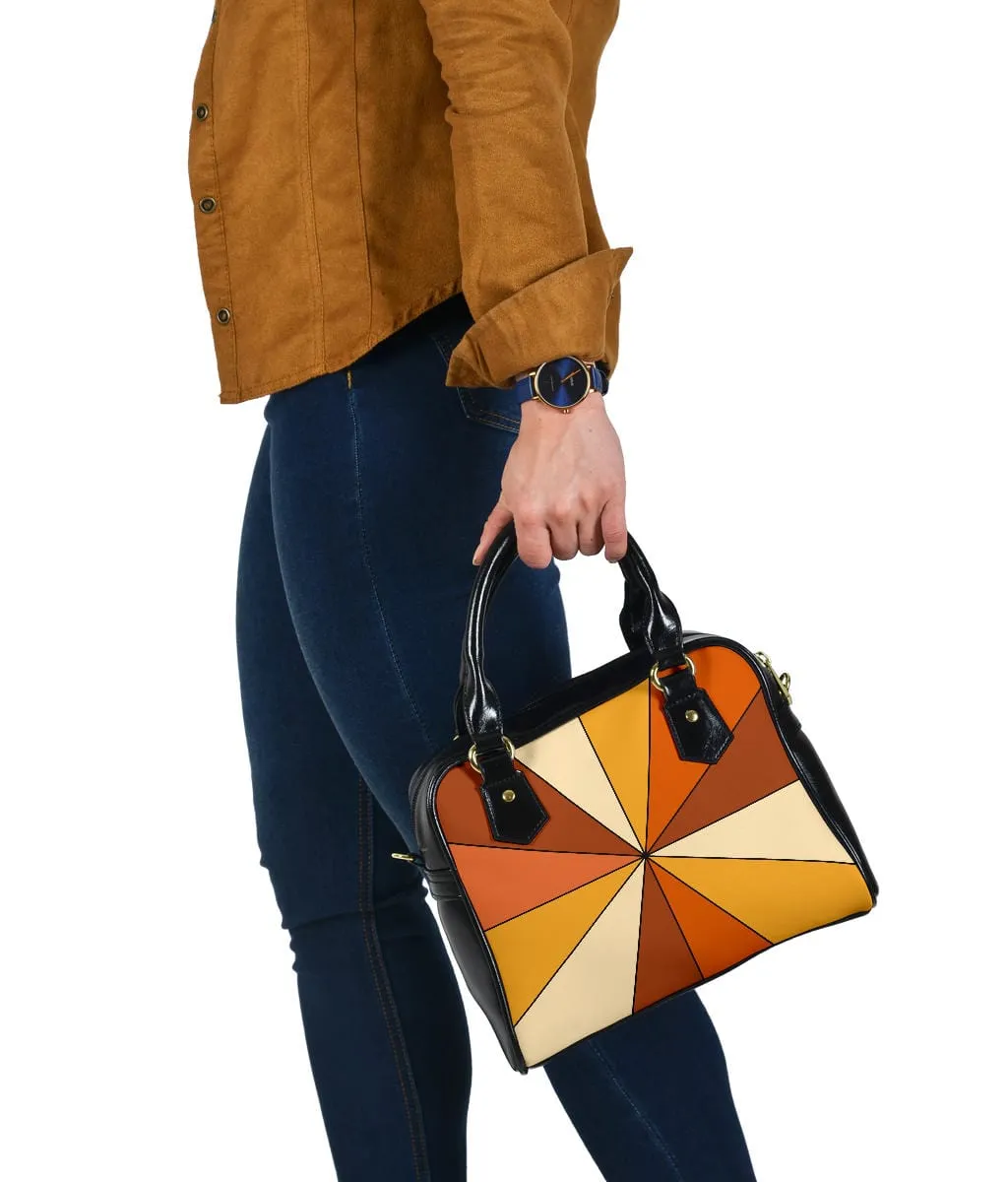 Vintage 1970s Rust Burnt Orange Yellow & Beige Retro Rays | Leather Shoulder Bag