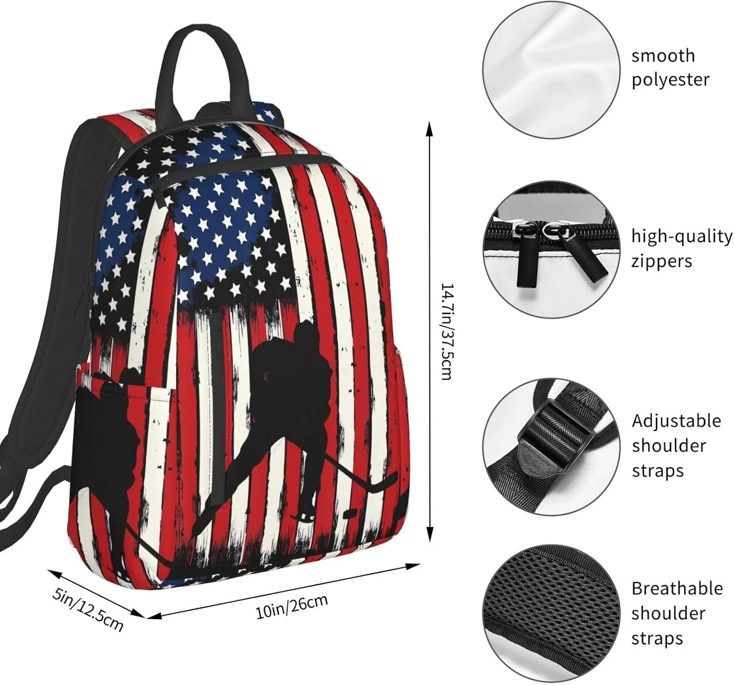 Vintage American Flag Hockey Casual Backpacks Laptop Backpack Outdoor Travel Rucksack Sport Carry-On Daypack Lightweight Bag with Multi-Pockets