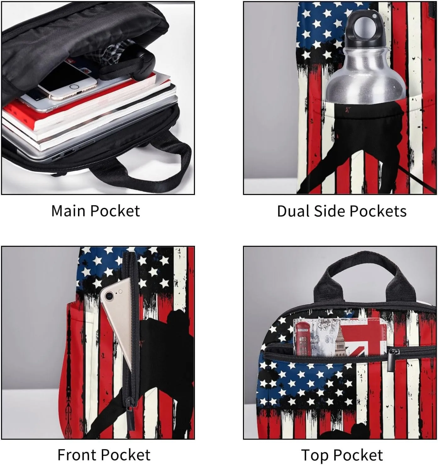 Vintage American Flag Hockey Casual Backpacks Laptop Backpack Outdoor Travel Rucksack Sport Carry-On Daypack Lightweight Bag with Multi-Pockets