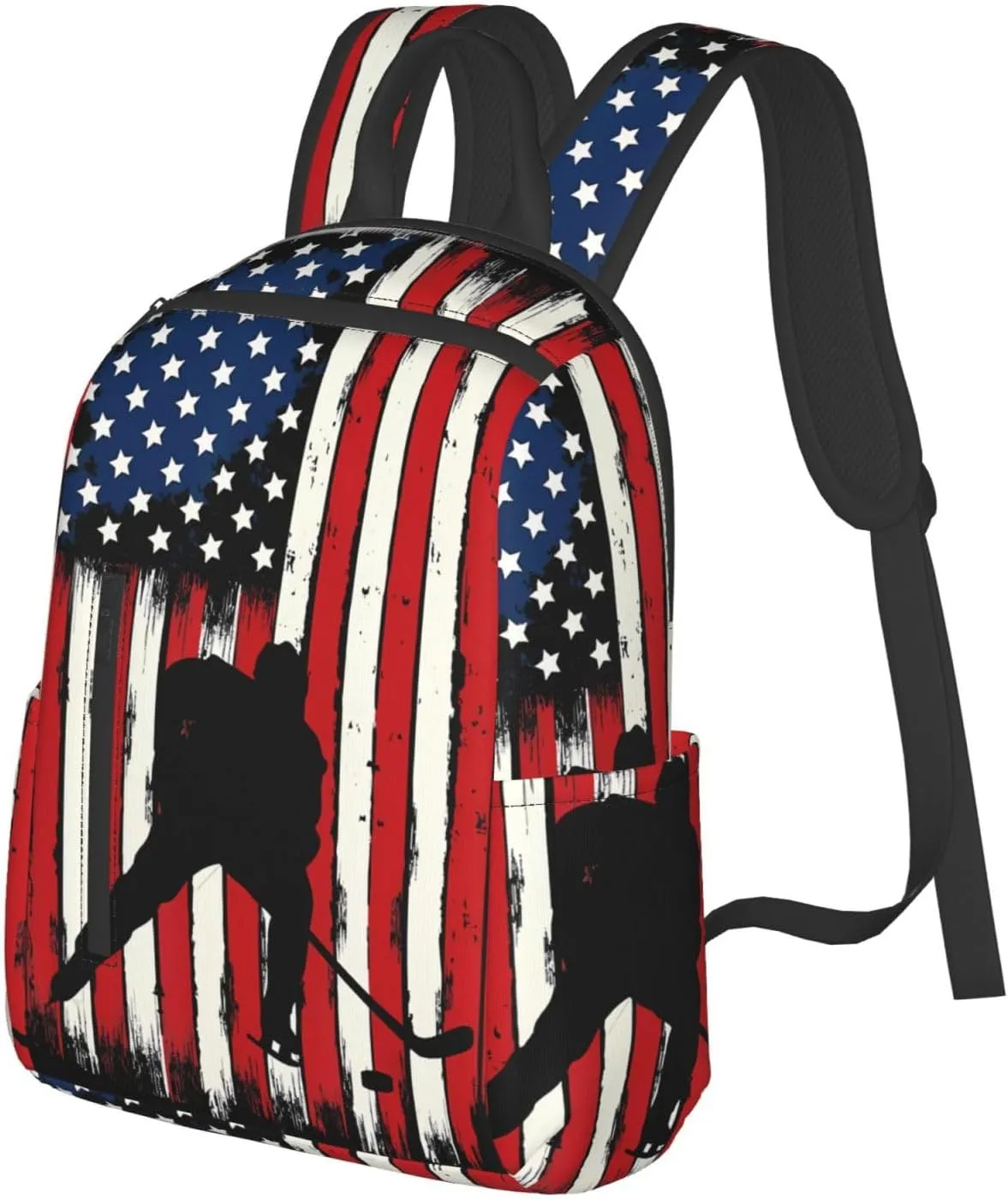 Vintage American Flag Hockey Casual Backpacks Laptop Backpack Outdoor Travel Rucksack Sport Carry-On Daypack Lightweight Bag with Multi-Pockets