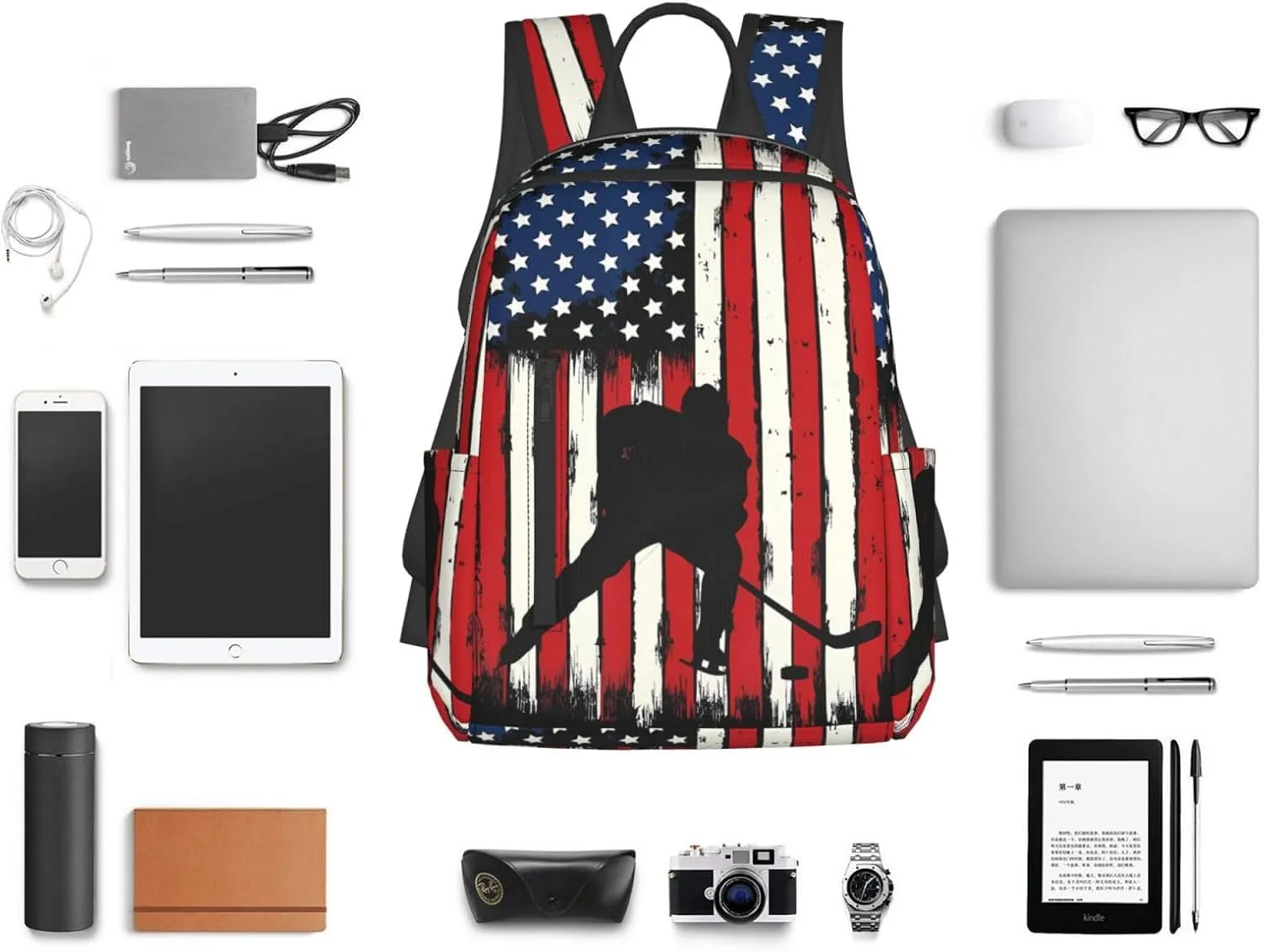 Vintage American Flag Hockey Casual Backpacks Laptop Backpack Outdoor Travel Rucksack Sport Carry-On Daypack Lightweight Bag with Multi-Pockets