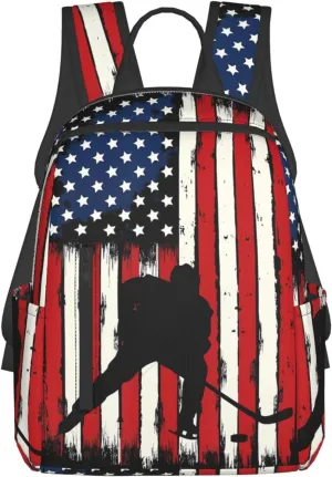Vintage American Flag Hockey Casual Backpacks Laptop Backpack Outdoor Travel Rucksack Sport Carry-On Daypack Lightweight Bag with Multi-Pockets