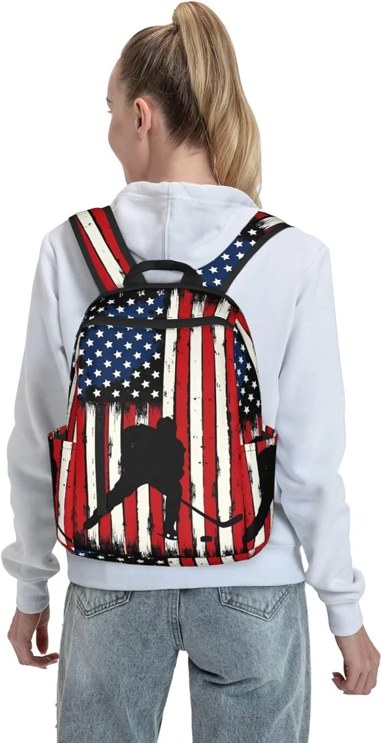 Vintage American Flag Hockey Casual Backpacks Laptop Backpack Outdoor Travel Rucksack Sport Carry-On Daypack Lightweight Bag with Multi-Pockets