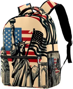 Vintage American Signs Map Statue of Liberty College Laptop Backpack Travel Daypack Unisex School Bag Multiple Pockets