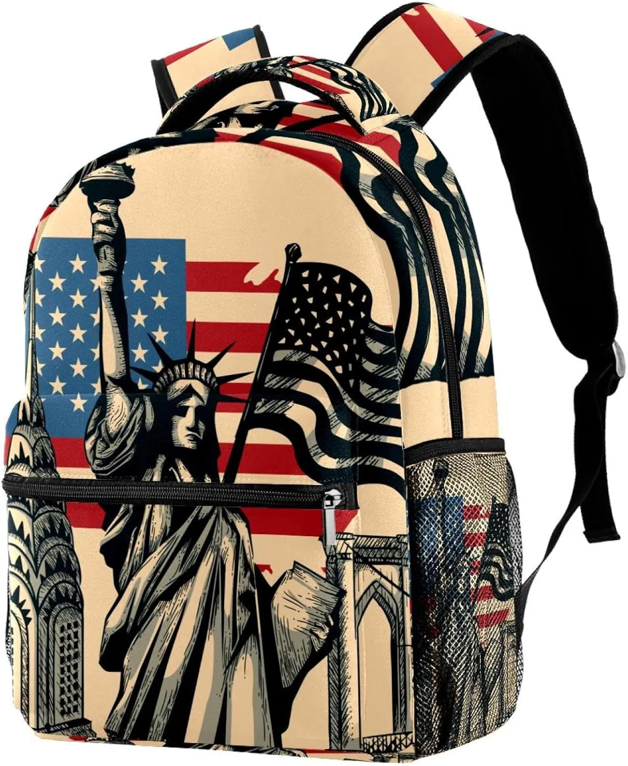 Vintage American Signs Map Statue of Liberty College Laptop Backpack Travel Daypack Unisex School Bag Multiple Pockets