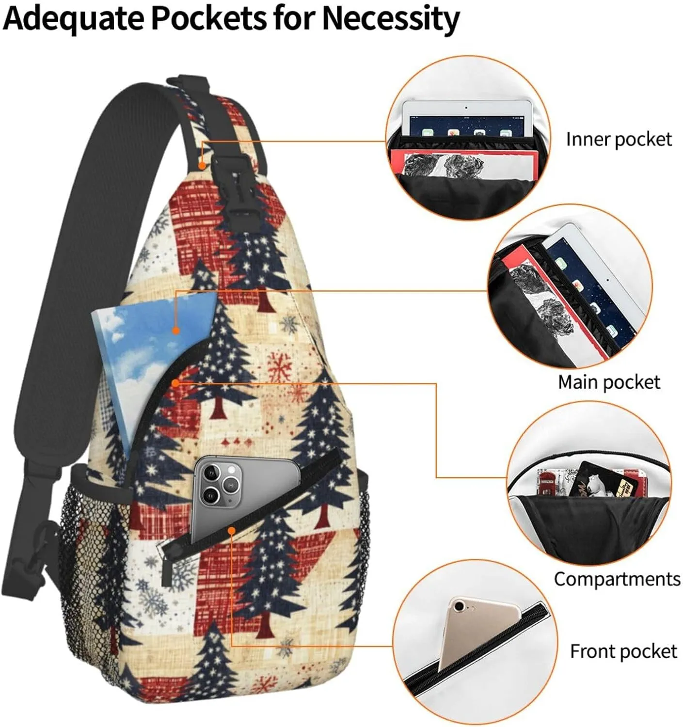 Vintage Christmas Trees Cross Chest Bag Diagonally Hiking Crossbody Bag Travel Shoulder Daypack Lightweight Sling Backpack Cycling Daypacks Fitness Chest Backpacks