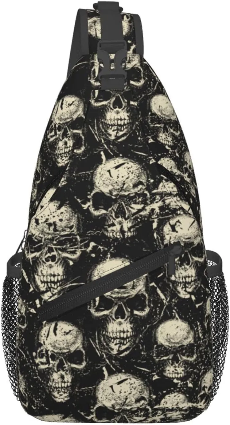 Vintage Grunge Angry Human Skulls Cross Chest Bag Diagonally Hiking Crossbody Bag Travel Shoulder Daypack Lightweight Sling Backpack Cycling Daypacks Fitness Chest Backpacks
