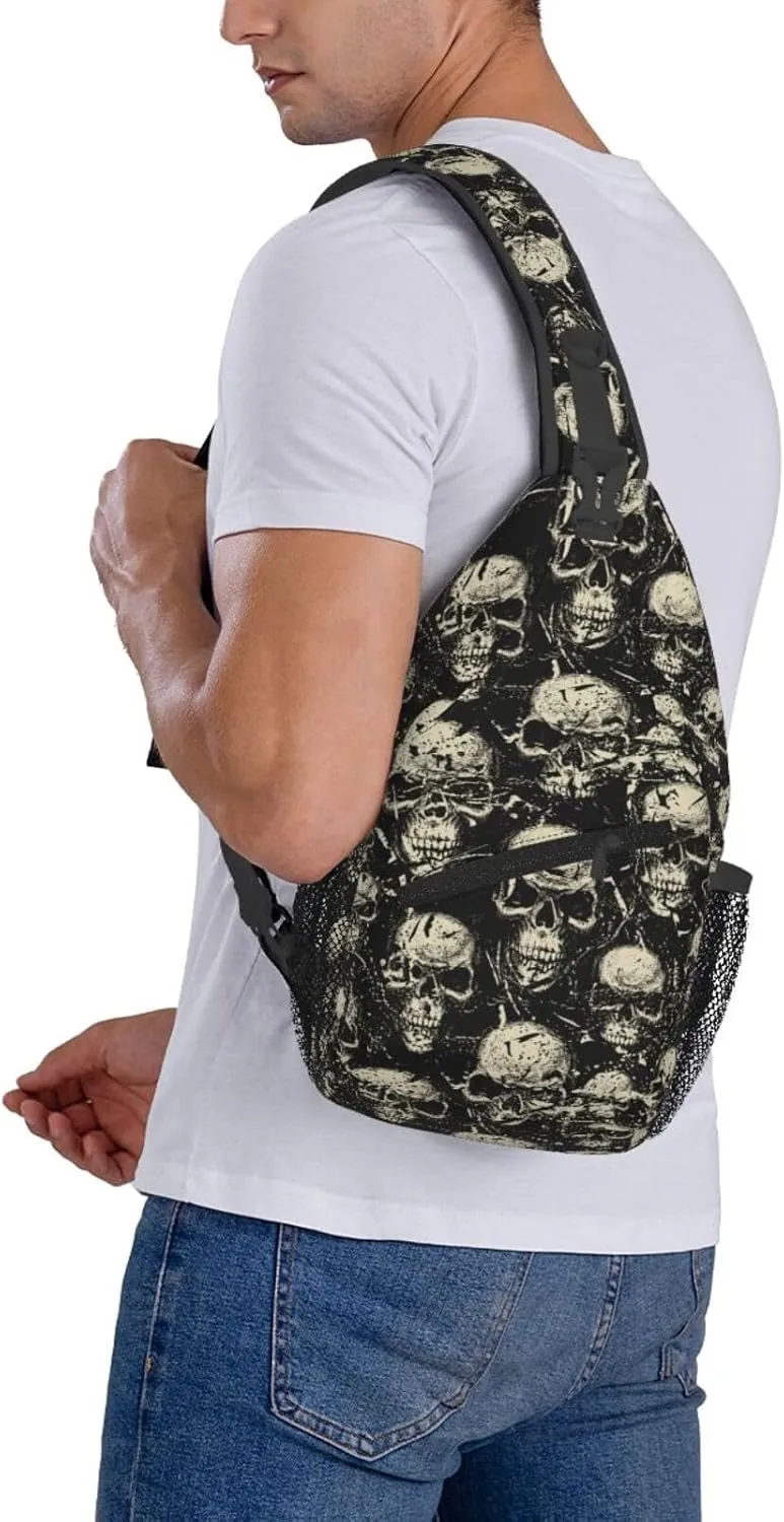Vintage Grunge Angry Human Skulls Cross Chest Bag Diagonally Hiking Crossbody Bag Travel Shoulder Daypack Lightweight Sling Backpack Cycling Daypacks Fitness Chest Backpacks