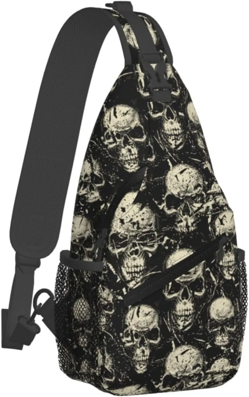 Vintage Grunge Angry Human Skulls Cross Chest Bag Diagonally Hiking Crossbody Bag Travel Shoulder Daypack Lightweight Sling Backpack Cycling Daypacks Fitness Chest Backpacks