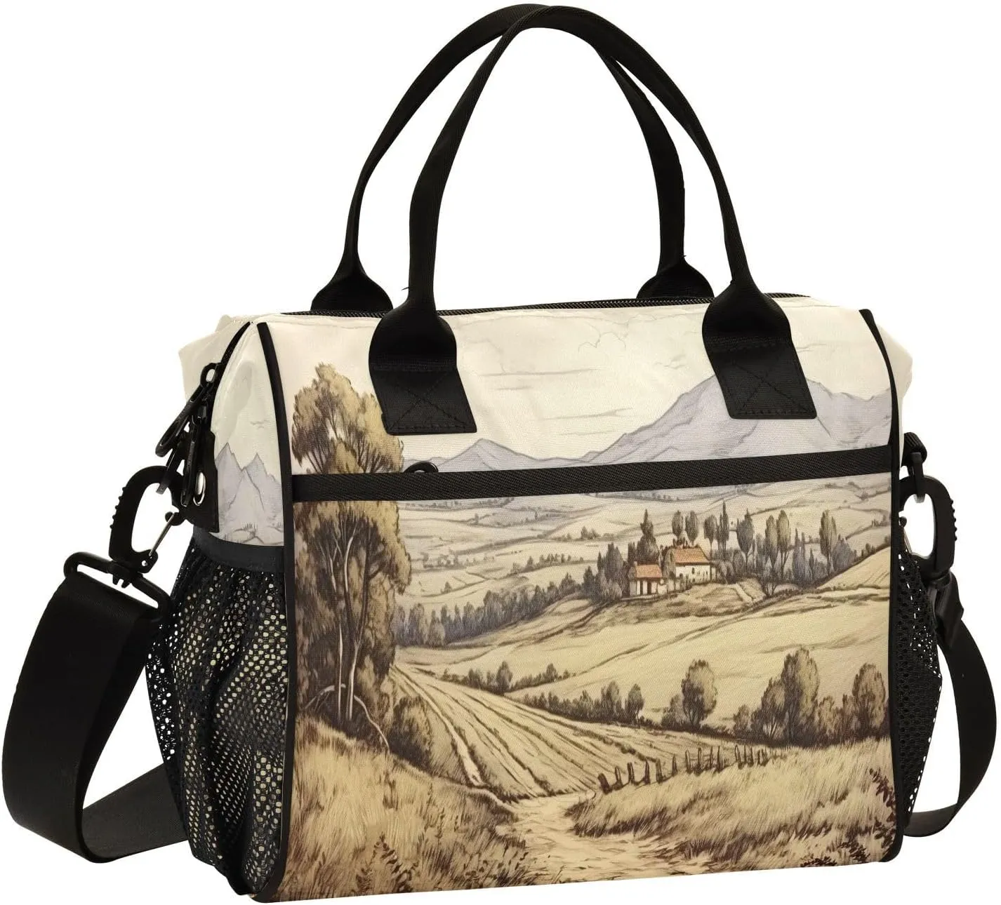 Vintage Hilly Field Insulated Lunch Bag Cooler Bag with Shoulder Strap Lunch Tote Bag for Work Camping-S
