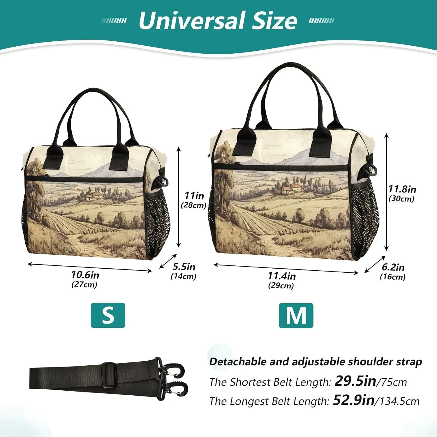 Vintage Hilly Field Insulated Lunch Bag Cooler Bag with Shoulder Strap Lunch Tote Bag for Work Camping-S