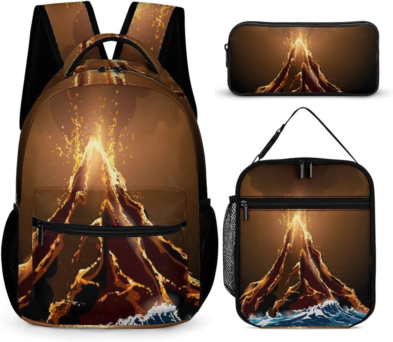 Volcanic Eruption View 3 Pieces Backpack Set with Lunch Bag Pencil Case Travel Daypack Lunch Tote Bags Purse