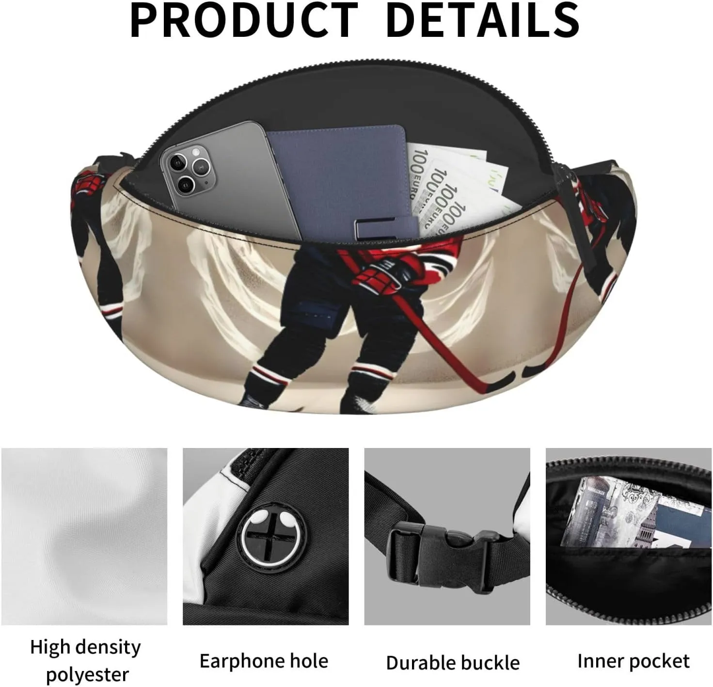 Waist Packs For Men & Women, Fashion Sling Pack With Adjustable Belt For Travel Sports Running.Hockey Sports Print