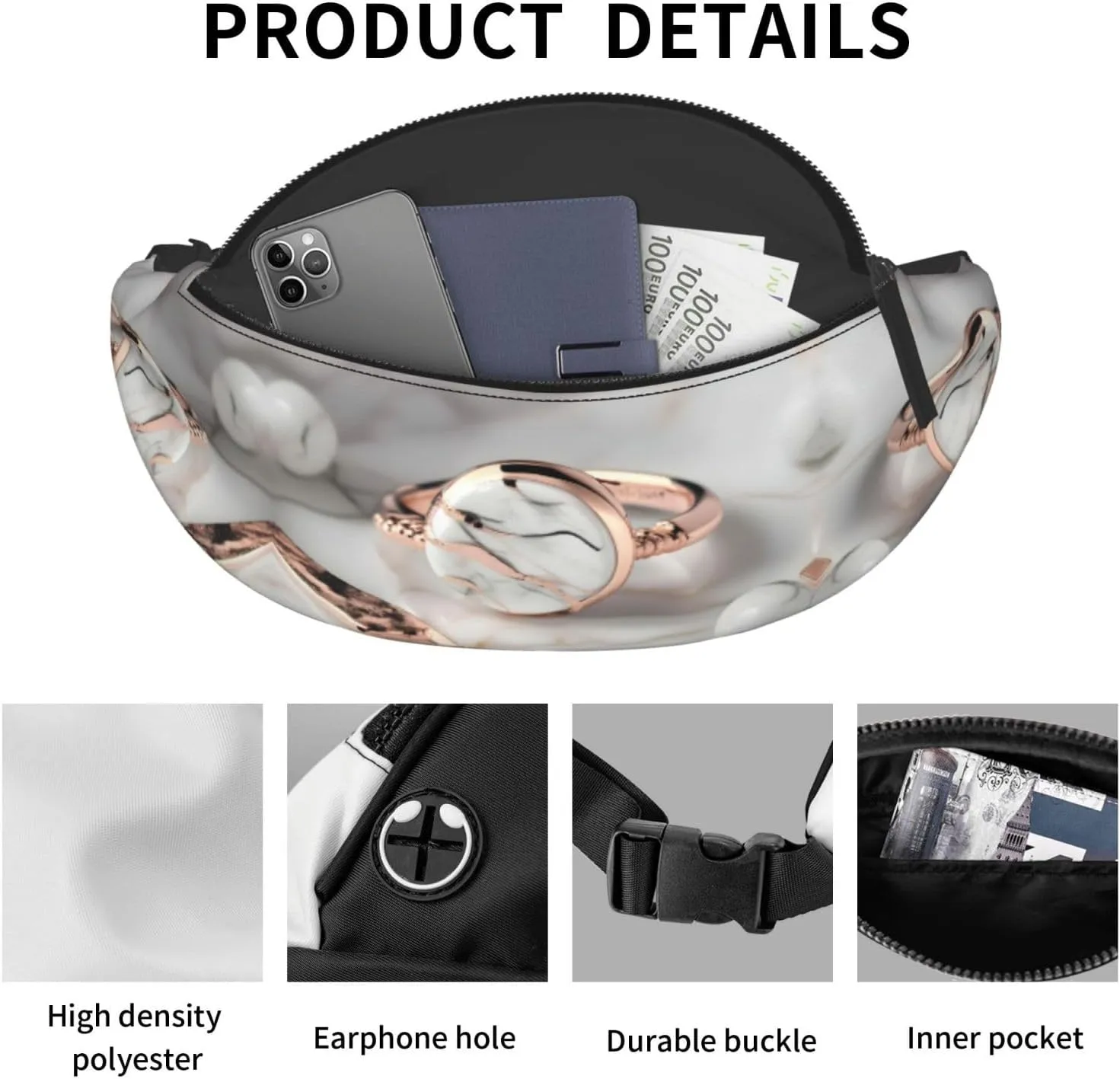 Waist Packs For Men & Women, Fashion Sling Pack With Adjustable Belt For Travel Sports Running.White Marble Rose Gold Pattern Print
