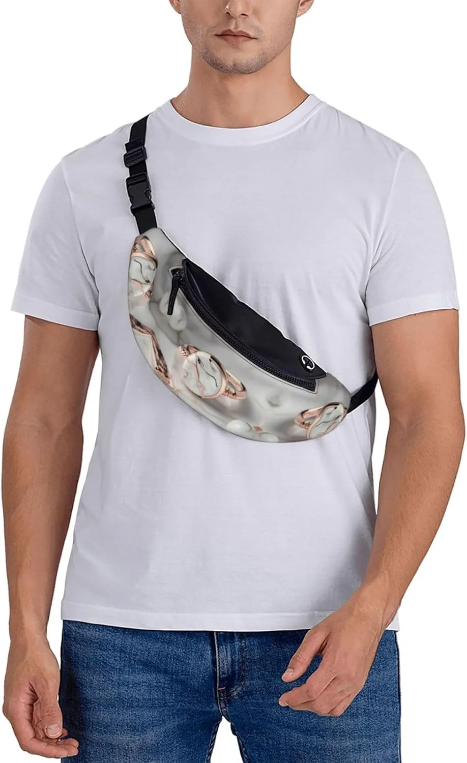 Waist Packs For Men & Women, Fashion Sling Pack With Adjustable Belt For Travel Sports Running.White Marble Rose Gold Pattern Print