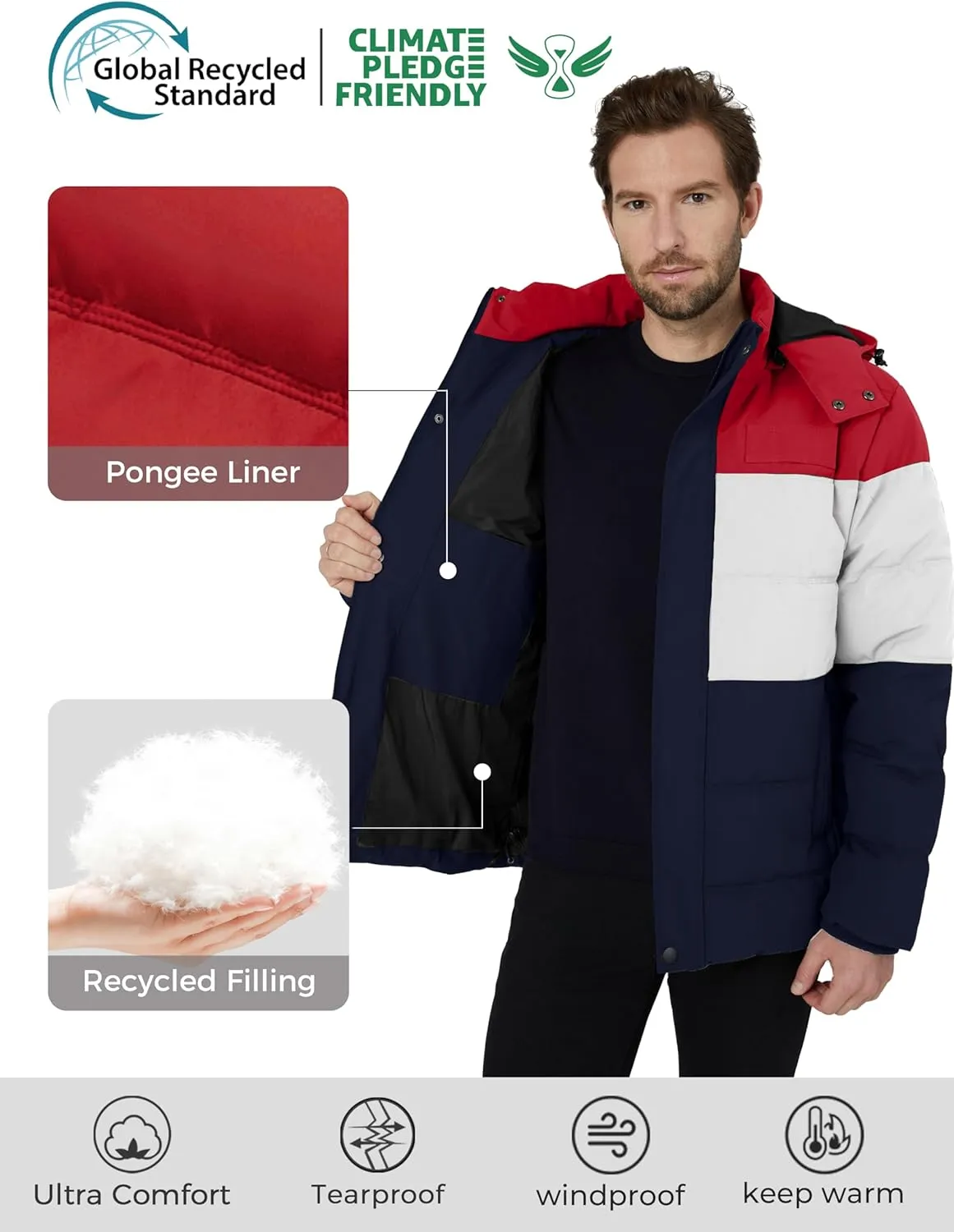Wantdo Men's Hooded Winter Coat Warm Puffer Jacket Thicken Cotton Coat with Removable Hood