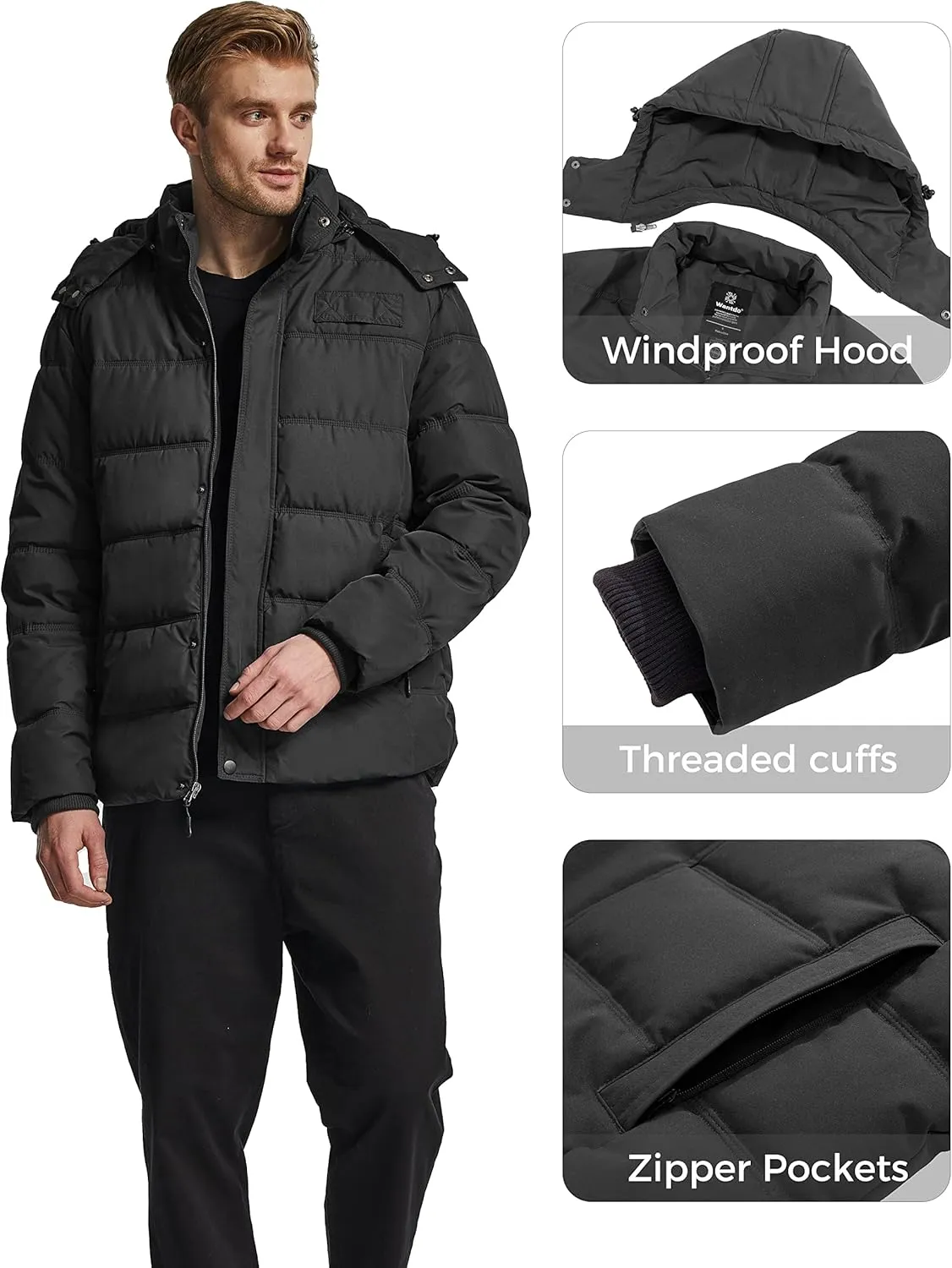 Wantdo Men's Hooded Winter Coat Warm Puffer Jacket Thicken Cotton Coat with Removable Hood