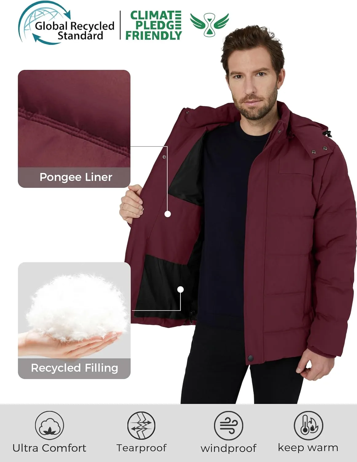 Wantdo Men's Hooded Winter Coat Warm Puffer Jacket Thicken Cotton Coat with Removable Hood