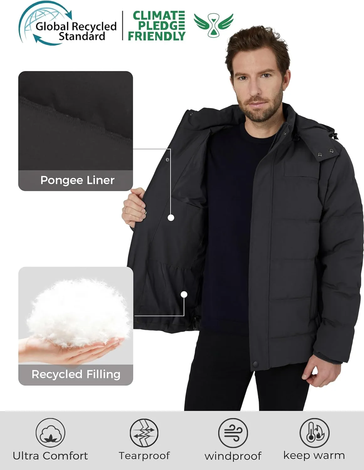 Wantdo Men's Hooded Winter Coat Warm Puffer Jacket Thicken Cotton Coat with Removable Hood