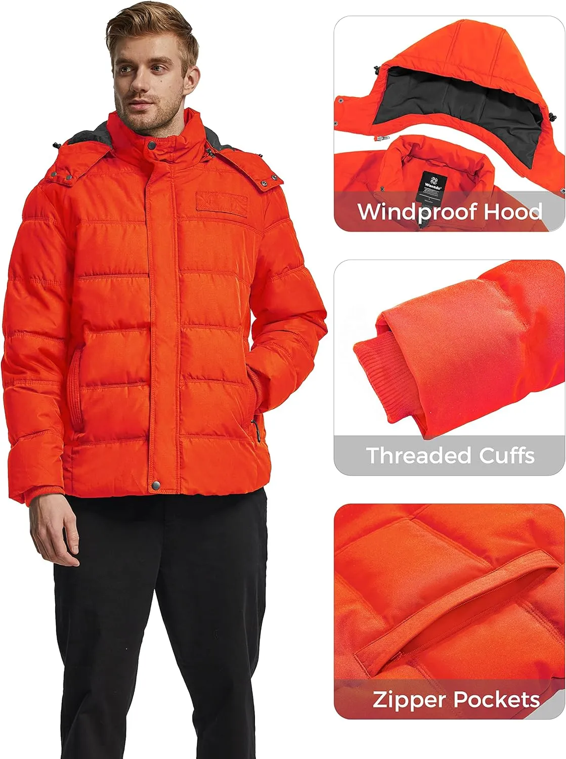 Wantdo Men's Hooded Winter Coat Warm Puffer Jacket Thicken Cotton Coat with Removable Hood