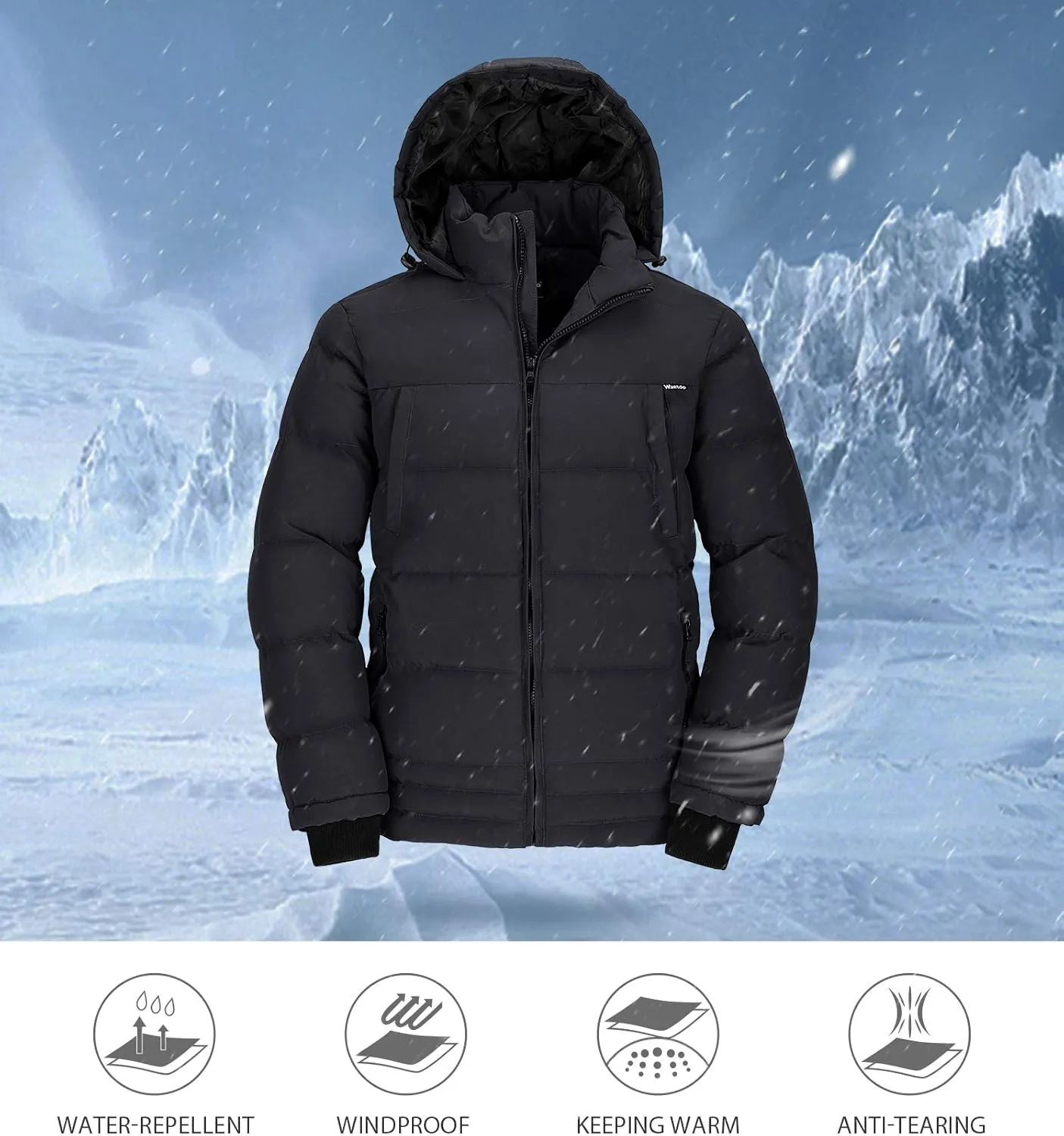 wantdo Men's Thicken Puffer Jacket Padded Waterproof Warm Winter Coat with Hood