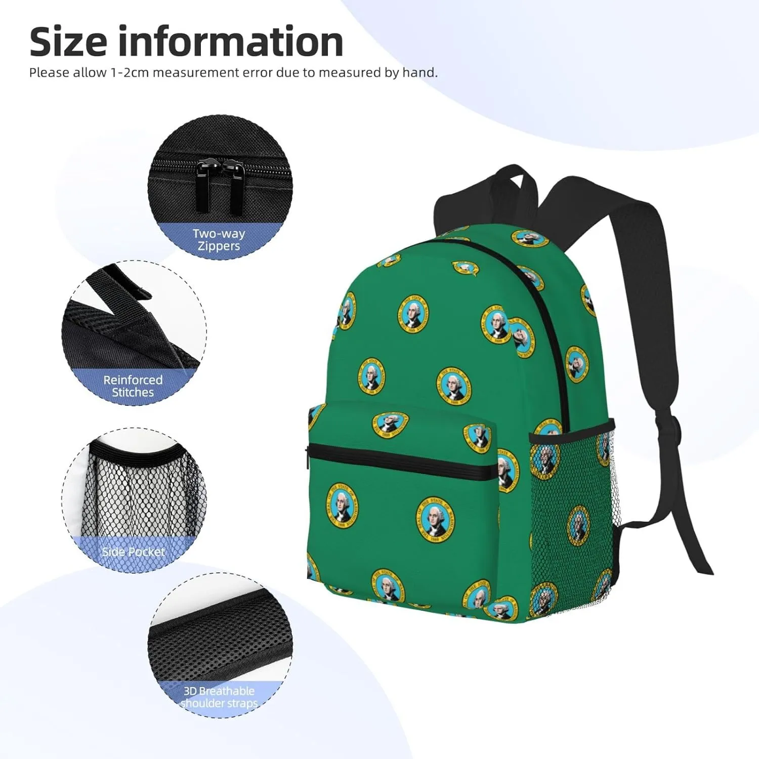 Washington Flag Fashion Backpack,Casual Daypack Backpacks For Men Women, Laptop Bag Travel Hiking Camping