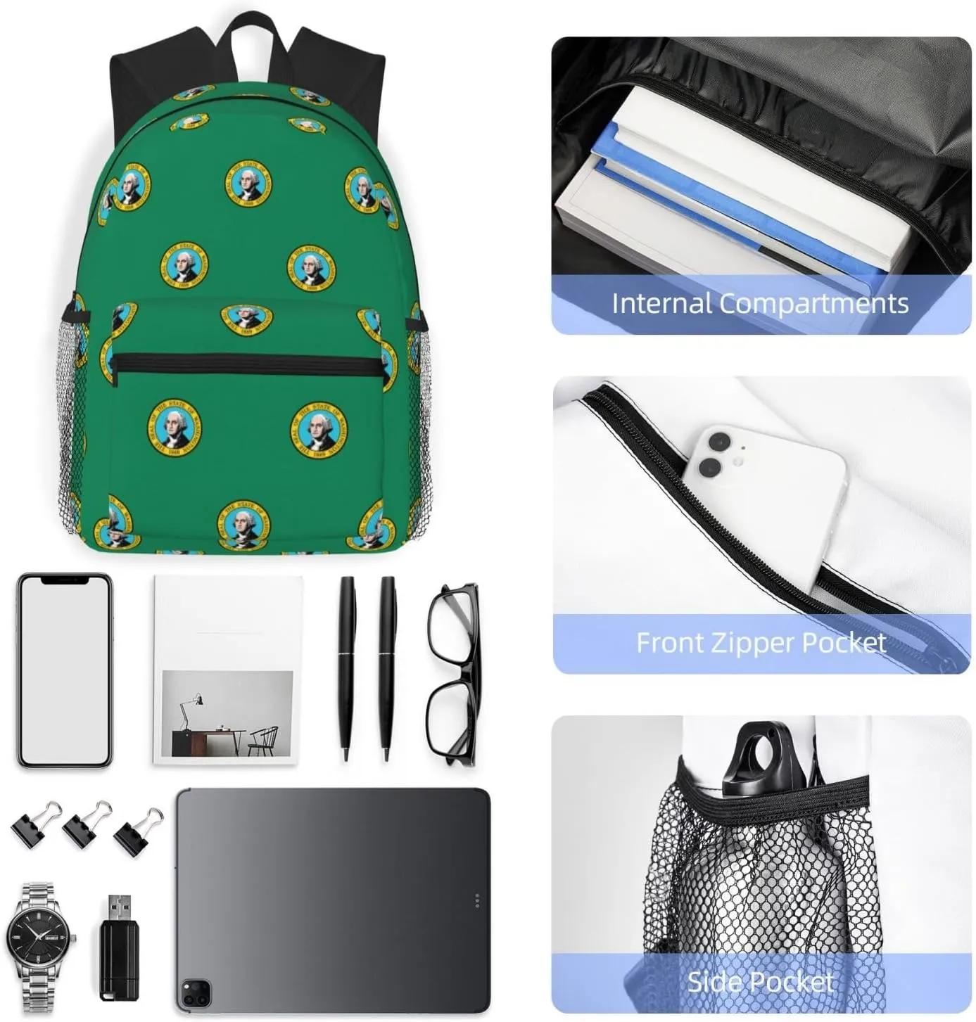Washington Flag Fashion Backpack,Casual Daypack Backpacks For Men Women, Laptop Bag Travel Hiking Camping