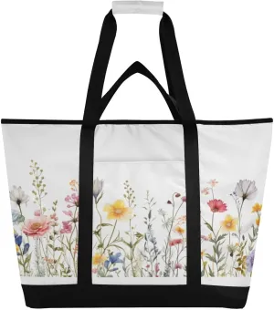 Watercolor Flowers Butterflies Reusable Insulated Lunchbox Cooler Bag, Leakproof Kitchen Grocery Bag Collapsible Portable Cooler Tote Bag for Picnic, Camping, Office, Travel